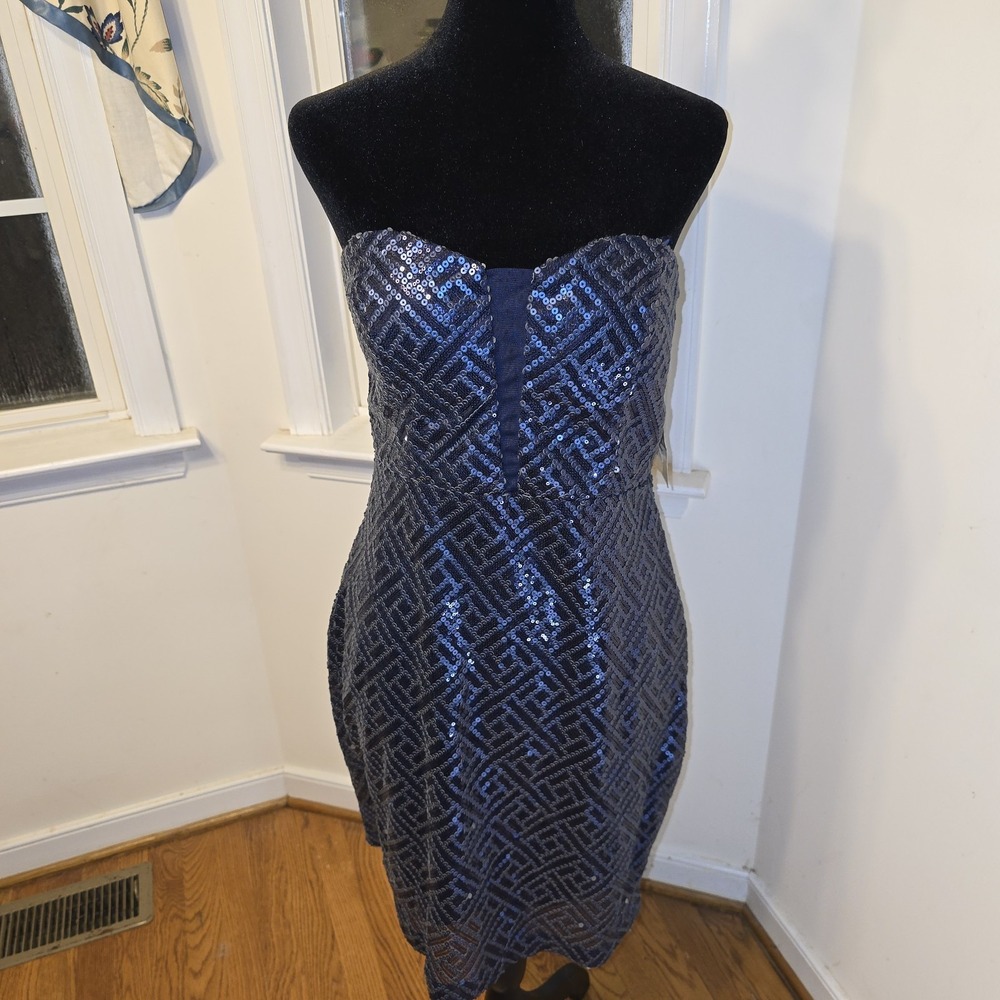 TRIXXI NAVY BLUE SEQUIN‎ CHIFFON CUT OUT BODYCON STRAPLESS SEXY DRESS Jr Sz 13